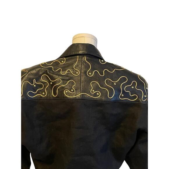 Vintage‎ Western Bolero Jacket Womens M Black Linen Leather Embellished 80s USA - Picture 4 of 11